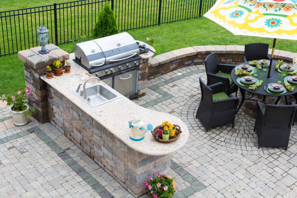 High angle view of a stylish outdoor kitchen