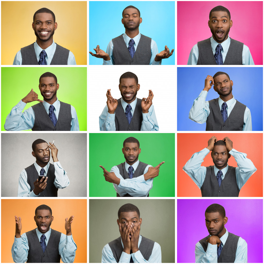 Collage young man expressing different emotions, showing facial expressions, feelings on colorful backgrounds