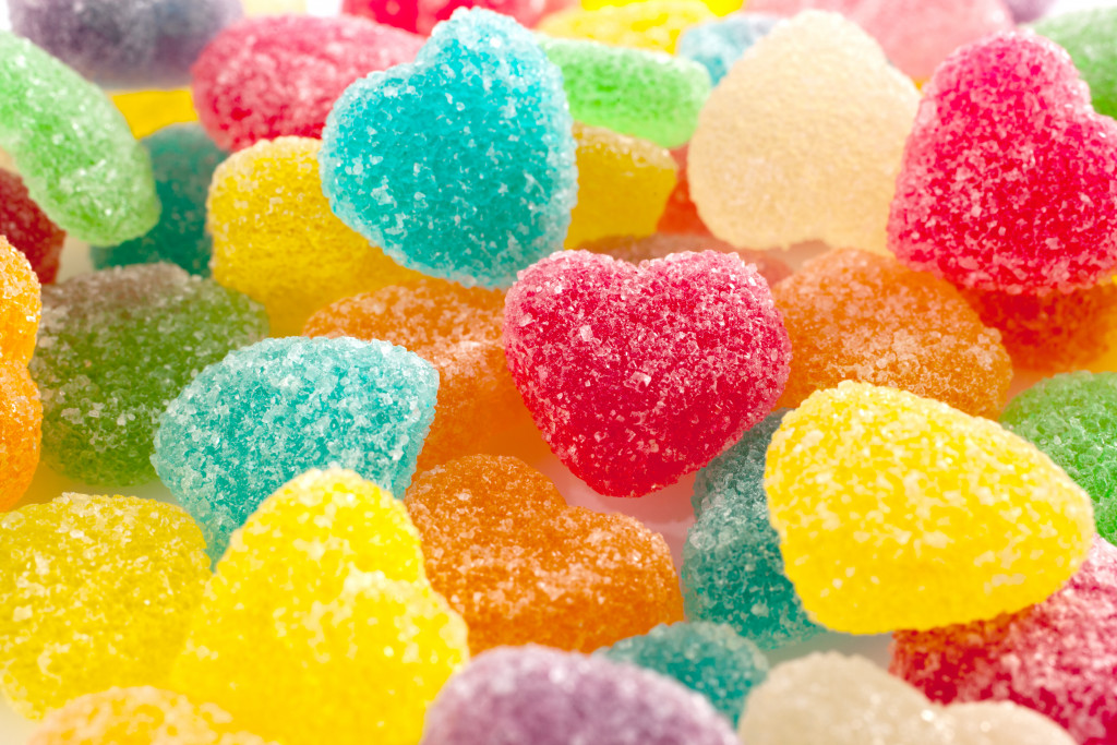 Colorful candy hearts covered in sugar