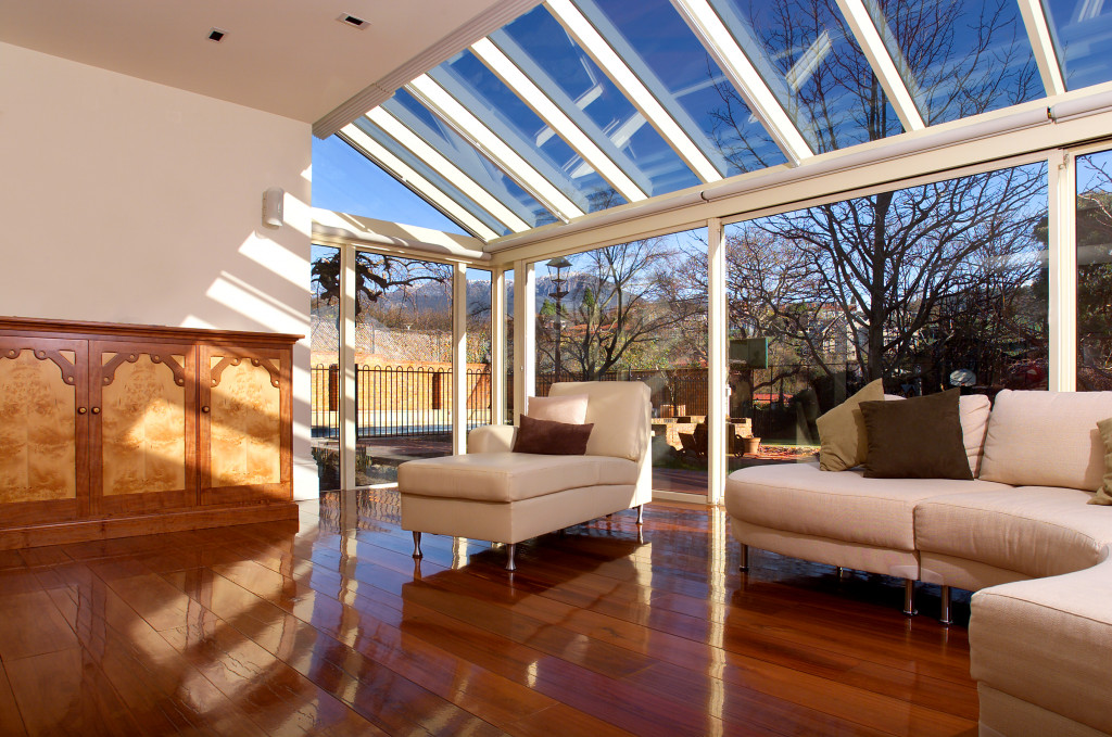 A luxurious house with a large skylight installed